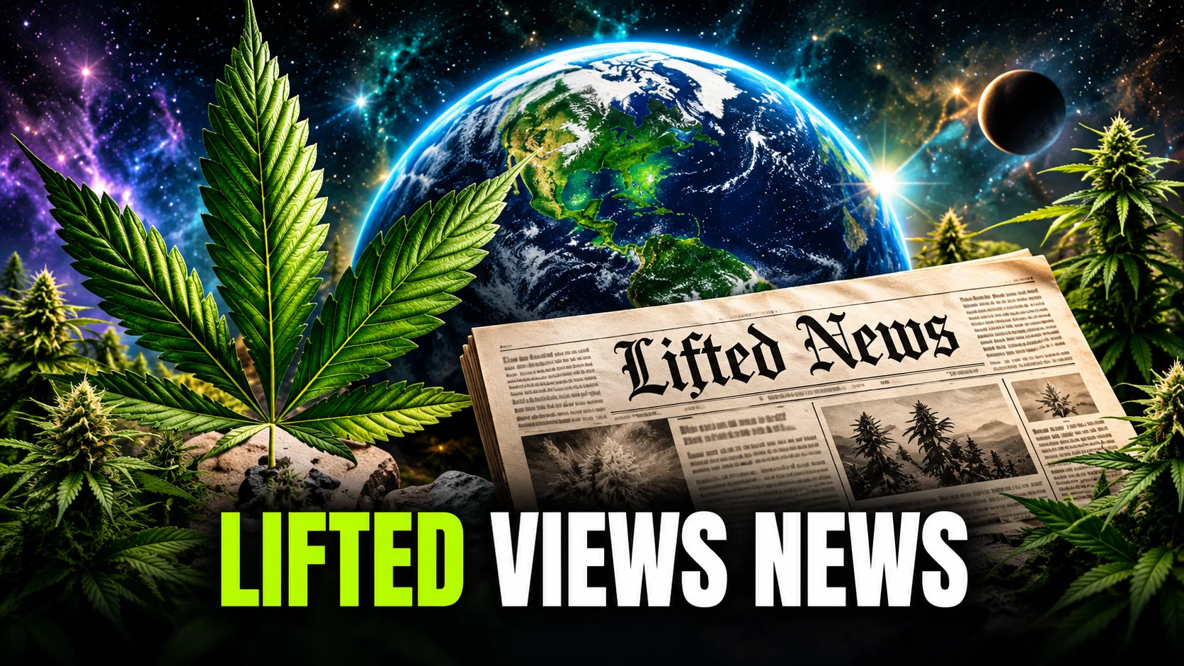 Lifted Views News cover — cannabis leaf, Earth from space, and a Lifted News newspaper